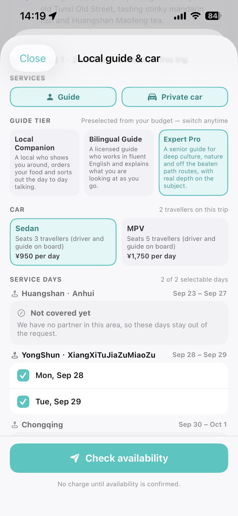 InChina App：按日导游与用车估价页
